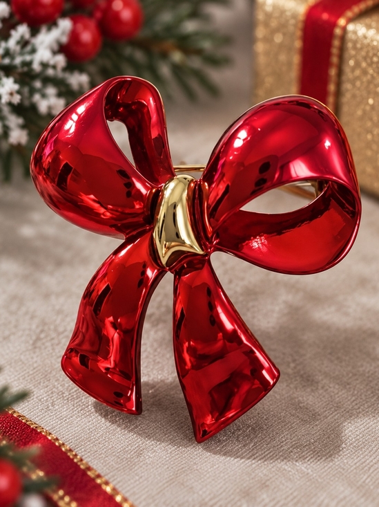 mimilanefashion Jewelry - Shiny Red Bow Holiday Brooch with Gold Accent
